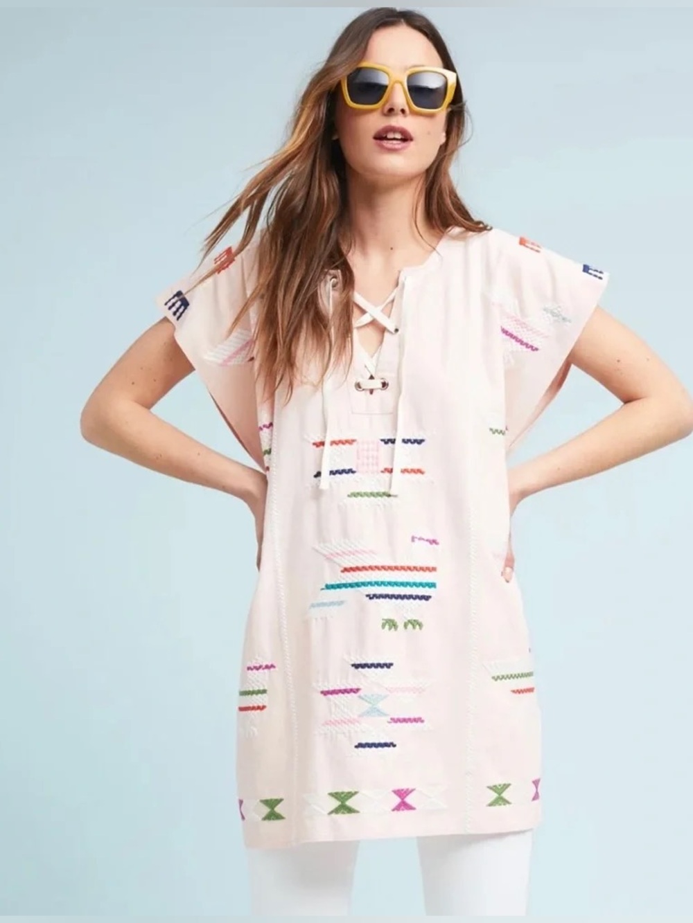Anthropologie Valiante Panay Embroidered Caftan Dress Size 3 Large Beach Resort